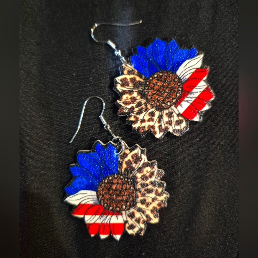 Blue and Red Floral Earrings with Patriotic Design